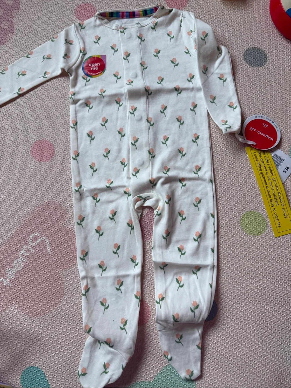 Magnetic Me Cream Floral Footed One-Piece with Pink Roses